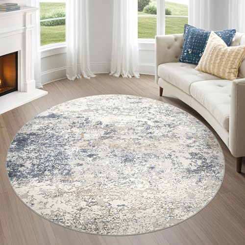 DMOYEST 6ft Round Area Rug Living Room Rugs - 6x6 Washable Large Soft Indoor Modern Abstract Low Pile Rug Carpet for Bedroom Dining Room Farmhouse Home Office - Beige Blue - color: Beige Blue, size: 6' (Round)