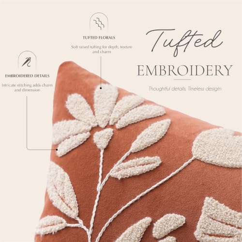 BlissBlush Throw Pillow Cover 20x20 Inch, Rust Terracotta Floral Tufted Velvet Decorative Accent Pillow Case for Sofa Bed Living Room, Cover Only - color: Orange Terracotta, size: 20" x 20" (Pack of 1)