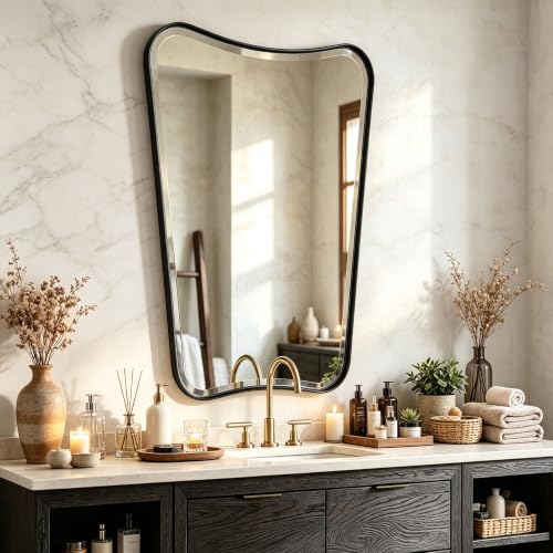 POZINO 40"x24" Irregular Beveled Mirror for Bathroom Sink - color: Black Irregular, size: 40"L x 24"W
