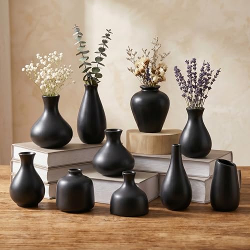 Black Ceramic Bud Vase Set of 10, Small Vases for Pampas Grass, Flowers, Mini Vases for Modern Home Decor, Minimalist Decor, for Living Room, Dining Table & Shelves - color: Black – 10-piece Set