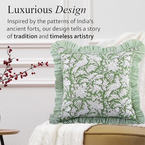 CPC Olive Green Block Print Ruffle Pillow Cover 16x16 Inch, Pack of 2 - color: Olive Green, size: 16" x 16" (Pack of 2)