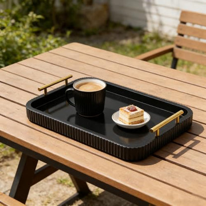 Rectangle Modern Wood Serving Tray with Metal Handles, High Gloss Black Finish, 16x12 Inch Coffee Table Ottoman Tray for Storage and Display (Black) - color: Black