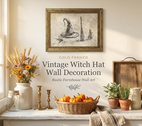 Gold Framed Vintage Halloween Witch Canvas Wall Art, Dark Academia Poster Print Artwork, Boho Minimalist Sketch Painting Picture, Neutral Witch Hat Broom Wall Decor, for Cottage Home Decor, 12x16in - color: Halloween Witch, size: 16"L x 12"W
