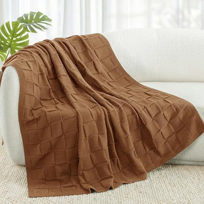 Whale Flotilla Checkered Knit Throw Blanket for Couch, Brown - color: Brown, size: 50x60 Inch