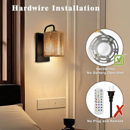 Boho Wall Sconce Rattan Wall Light Fixtures Hemp Rope Sconces - color: Woven Rattan Style
