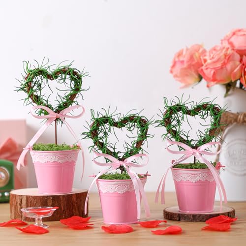 Suncalla 3 Pcs Valentines Day Artificial Heart Topiary Tree Plant with Pot 5.5'' to 7'' Heart Valentine Greenery Fake Plant Potted for Tabletop Centerpiece Tiered Tray Decor Gifts