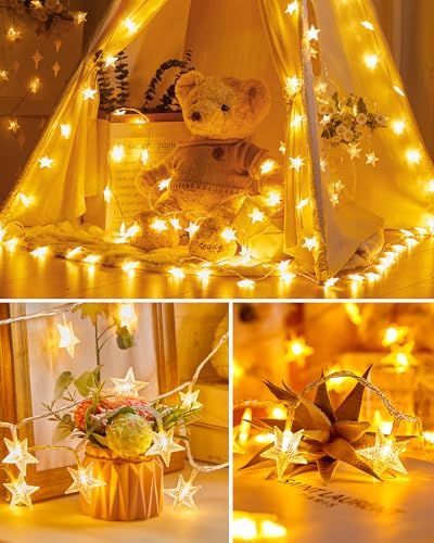 Minetom 66ft Plug in Star String Lights Plug in with Remote and Timer - color: Star - Warm White - 66 FT