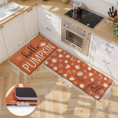 SHACOS Anti Fatigue Fall Kitchen Rugs Set of 2 Orange Mats Beige Pumpkins | Waterproof Non Slip Cushioned Kitchen Floor Mats Harvest Autumn Farmhouse Comfort Standing Mat 17x27.5+17x47" - color: Orange With Beige Pumpkins