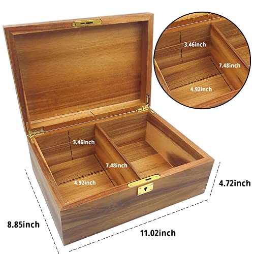 WELITTCON Wood Box Large Decorative Wooden Storage Box with Hinged Lid and Locking Key Premium Acacia Keepsake Chest Box Memory Gift Wooden Boxes 11 X 8.5 X 5 Inches - style: Key Lock with partition