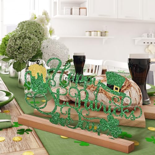 Yaocom 13.78 Inch St Patricks Day Decorations Metal Happy St Patricks Day Irish Shamrock Table Sign Decor with Wooden Base Lucky Clover Leprechaun Centerpiece Gift Decorations for Home Office - style: St. Patrick’s Day
