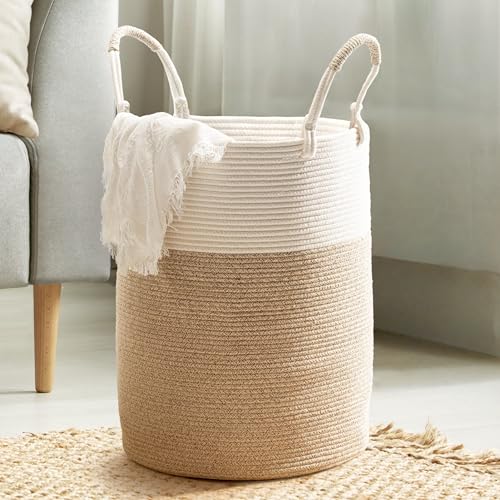 Laundry Hamper Basket, Woven Cotton Rope Blanket Basket, Nursery Storage - color: White & Brown, size: 15"D x 18"H