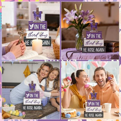 Yousoontic 4 Pcs He Is Risen Easter Tiered Tray Decorations Lent Resurrection Christian Wood Blocks with Cross, Dove, Lily Religious Farmhouse Table Decor for Spring, Holy Week, Easter Display - style: He is Risen