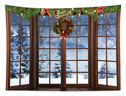 HVEST Winter Tapestry Snow Forest outside Windows Tapestries Wall Hanging Red Christmas Balls and Christmas Wreath Tapestry for Bedroom Living Room Dorm Wall Decor, 59W x 51H inches - color: Brown, size: 51"L x 59"W