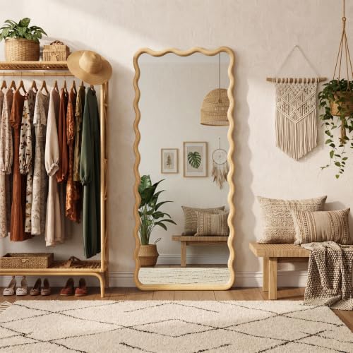Full Length Mirror, 60”x25” Wavy Wood Floor Mirror for Wall - size: 60"L x 25"W