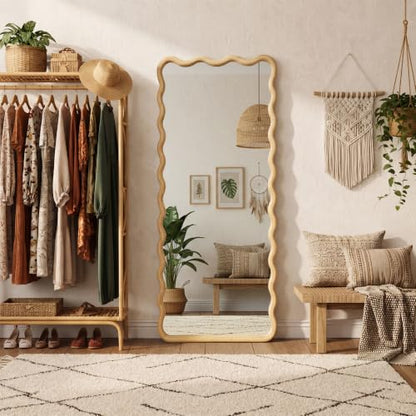 Full Length Mirror, 60”x25” Wavy Wood Floor Mirror for Wall - size: 60"L x 25"W