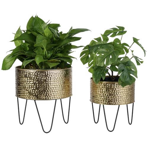 MyGift Modern Brass Metal Plant Containers with Matte Black Stands, 2 Pc