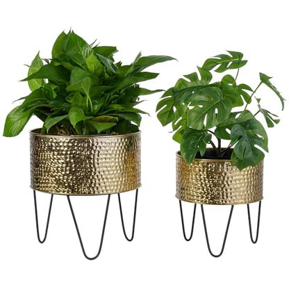 MyGift Modern Brass Metal Plant Containers with Matte Black Stands, 2 Pc