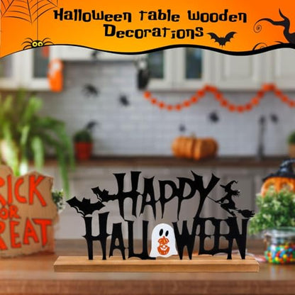 Metal Happy Halloween Sign Halloween Table Decorations with Wooden Base - color: Black
