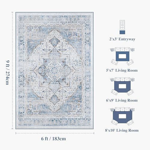 6x9 Washable Vintage Area Rug - Distressed Non-Slip Rugs Soft Large Retro Carpets for Living Room Bedroom Dining Room Office Home Decor, Blue - color: Blue/Grey, size: 6' x 9' (Rectangular)