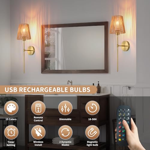 Battery Operated wall sconces Set of Two,Rattan Shade Gold with Remote Rechargeable Light Bulbs,dimmable RGB,Living Room,Bedroom,Hallway,Bathroom can be Used - color: Gold 24.4 Inch