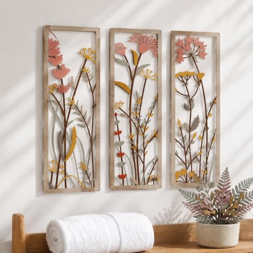 pechpell 3 Piece Metal Flower Wall Art for Bathroom Bedroom Home Decor - color: pink