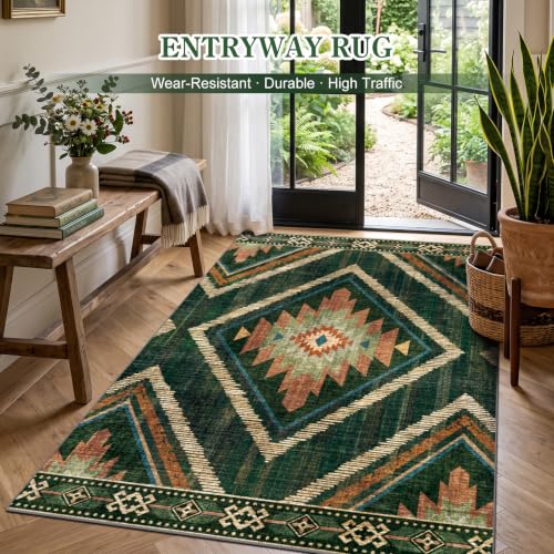 Green Boho Washable Living Room Entryway Area Rugs 3x5Ft Non Slip - color: Green, size: 3' x 5' (Rectangular)