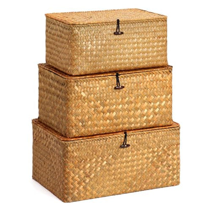 Nonam Large Wicker Basket with Lid,Seagrass Shelf Basket Set of 3,Nautral - color: Large Natural * Set of 3