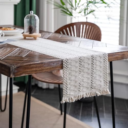 Macrame Table Runner Cream Beige Boho Table Runners with Tassels 12x36in - size: 12"Wx36"L