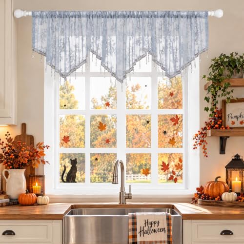 Molaxhome Swag Curtain Scalloped Curtain Valance Drape Sheer Lace Panel 1pc - color: Lace Grey
