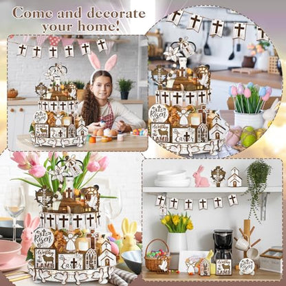 Amyhill 31 Pcs Religious Easter Tiered Tray Decor Christian Easter Decorations He is Risen Christian Wooden Signs Farmhouse Cross Lily Dove Table Decor for Home Kitchen Shelf Coffee Bar - style: Brown Easter