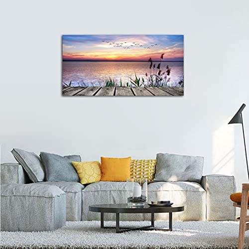 Large Lake Dock Sunset Wall Art, Flying Birds Beach Landscape, 20" x 40" - color: Sunset Lake, size: 40"L x 20"W