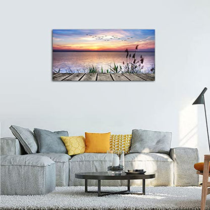 Large Lake Dock Sunset Wall Art, Flying Birds Beach Landscape, 20" x 40" - color: Sunset Lake, size: 40"L x 20"W