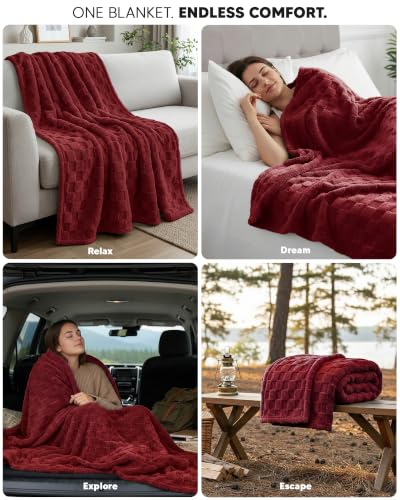 Utopia Bedding Plush Checkered Fleece Blanket Burgundy Queen, 90x90 Inch - color: Burgundy, size: Queen