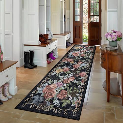 Washable 2x8 Runner Rug, Navy Boho Floral Non-Slip for Hallway, Kitchen - color: Dark Navy, Dusty Rose, Mustard and Blue Grey, size: 2' x 8' (Rectangular)