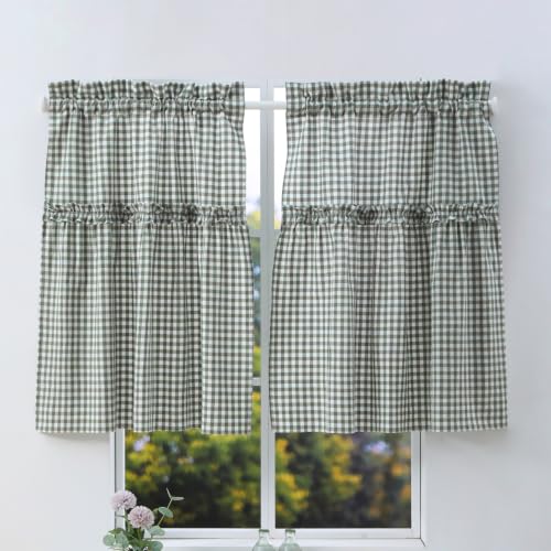 Silnuo Green/White Plaid Gingham Window Valance 26" W x 36" L-2 Panels - color: Green, size: 26"W x 36"L (Pack of 2)