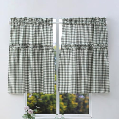 Silnuo Green/White Plaid Gingham Window Valance 26" W x 36" L-2 Panels - color: Green, size: 26"W x 36"L (Pack of 2)