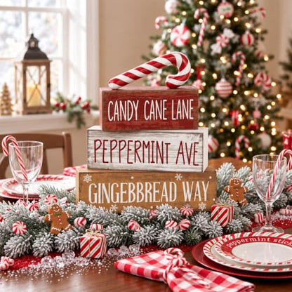 Moucuny 4 Pcs Christmas Table Decor Candy Cane Lane Sign, Wood Block Set - style: Candy Cane Lane