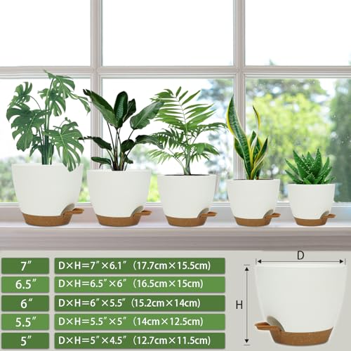 Self Watering Planters with Drainage Holes Reservoir,Nursery Planting Pot for Indoor Decor Garden Plants Succulents,Snake Plant, African Violet,Plastic Flower Pots Set 7+6.5+6+5.5+5 Inch (White) - color: White