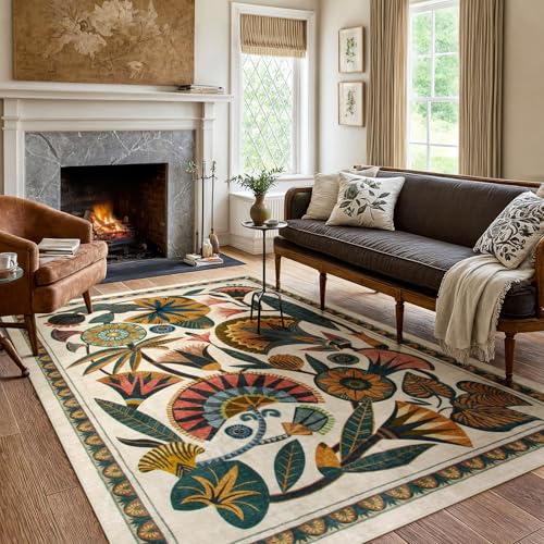 Zealude Egypt Floral Washable Area Rugs for Living Room 5x7 Boho Large Vintage Beige Bedroom Dining Room Rug,Non Slip Soft Throw Carpet for Entryway Kitchen Office Hardwood Playroom (5 x 7) - color: Beige, size: 5' x 7'(Rectangular)