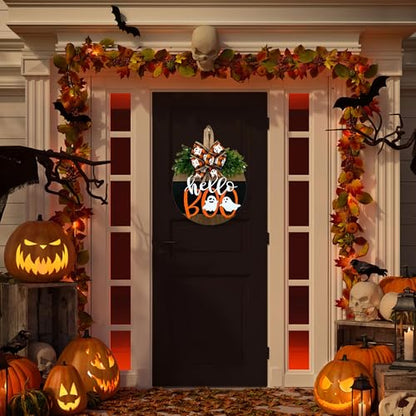 Halloween Ghost Wreath, Wooden Halloween Ghost Door Sign Wreath Decorations for Front Door Hanger