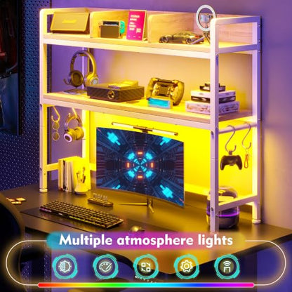 REIBII 2-Tier Desk Shelf with LED for Bedroom and Home Office, White - color: White, size: 7.8"D x 37.5"W x 38.7"H