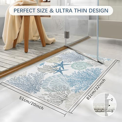Coastal Bathroom Mat 20x32in Blue Seashel Beach Ocean Soft Thin Bathroom Rugs Fit Under Door Absorbent Non Slip Washable Bath Rugs for Bathtub Shower Sink (Blue, 20x32in) - color: Blue