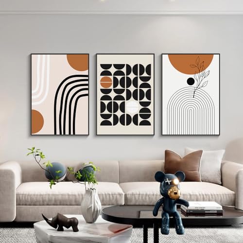 QKF 3Pcs Black Brown Boho Abstract Geometric Line Framed Canvas Wall Art - color: Brown Black And White, size: 16" X 24" X 3 pieces