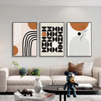 QKF 3Pcs Black Brown Boho Abstract Geometric Line Framed Canvas Wall Art - color: Brown Black And White, size: 16" X 24" X 3 pieces