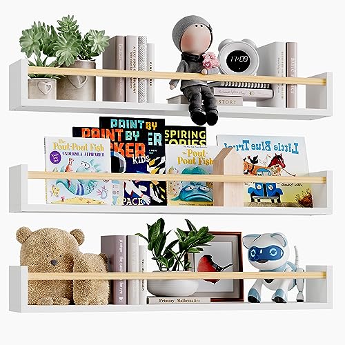 Fixwal Floating Nursery Book Shelves for Wall, 23.6 Inches, Set of 3 - color: White and Natural, size: 23.6inches