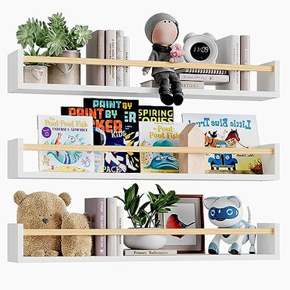Fixwal Floating Nursery Book Shelves for Wall, 23.6 Inches, Set of 3 - color: White and Natural, size: 23.6inches