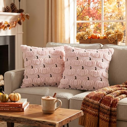 AVOIN colorlife Pink Fall Pumpkin Throw Pillow Covers 20x20 Inch - color: Pink, size: 20" x 20" (Pack of 2)