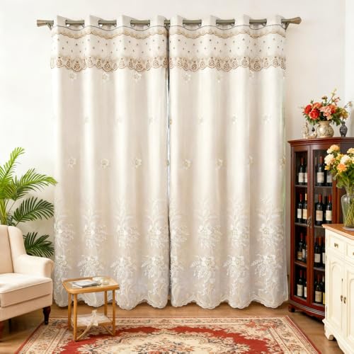 Amidoudou 1 Pair European Double Layer Curtains for Living Room Bedroom Luxury Flower Embroidered Curtains with Valance (Beige,52x84 Inch) - color: Beige, size: 52"W x 84"L (Pack of 2)