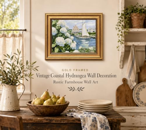 Gold Framed Vintage Coastal Canvas Wall Art, Hydrangea Seascape Painting Picture Wall Decor, Sailboat Seaside Summer Poster Print Artwork, for Living Room,Seaside Cabin, Home Decoration 12x16in - color: Sailboat Framed, size: 16"L x 12"W