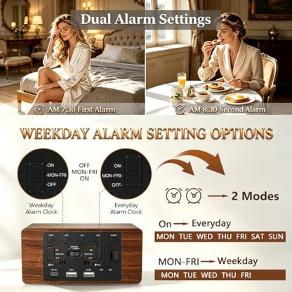 Premium Brown Wooden Digital Alarm Clock with Wireless Phone Charger, Dual USB Charging Ports, Dimmable LED Display, Date and Day of Week, Small Digital Desk Clock for Bedroom Nightstand Bedside Table - color: Brown